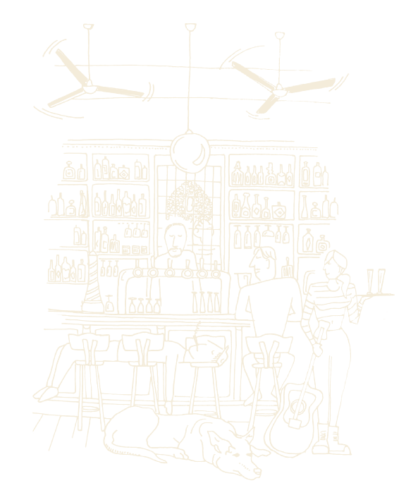Lijntekening van de bar met bartender en hond
